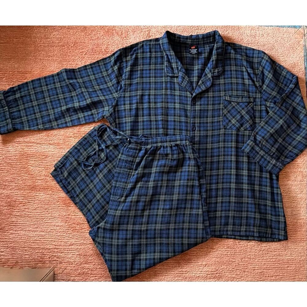 Hanes Mens 4XL Flannel Pajama Set Blue Plaid Cotton